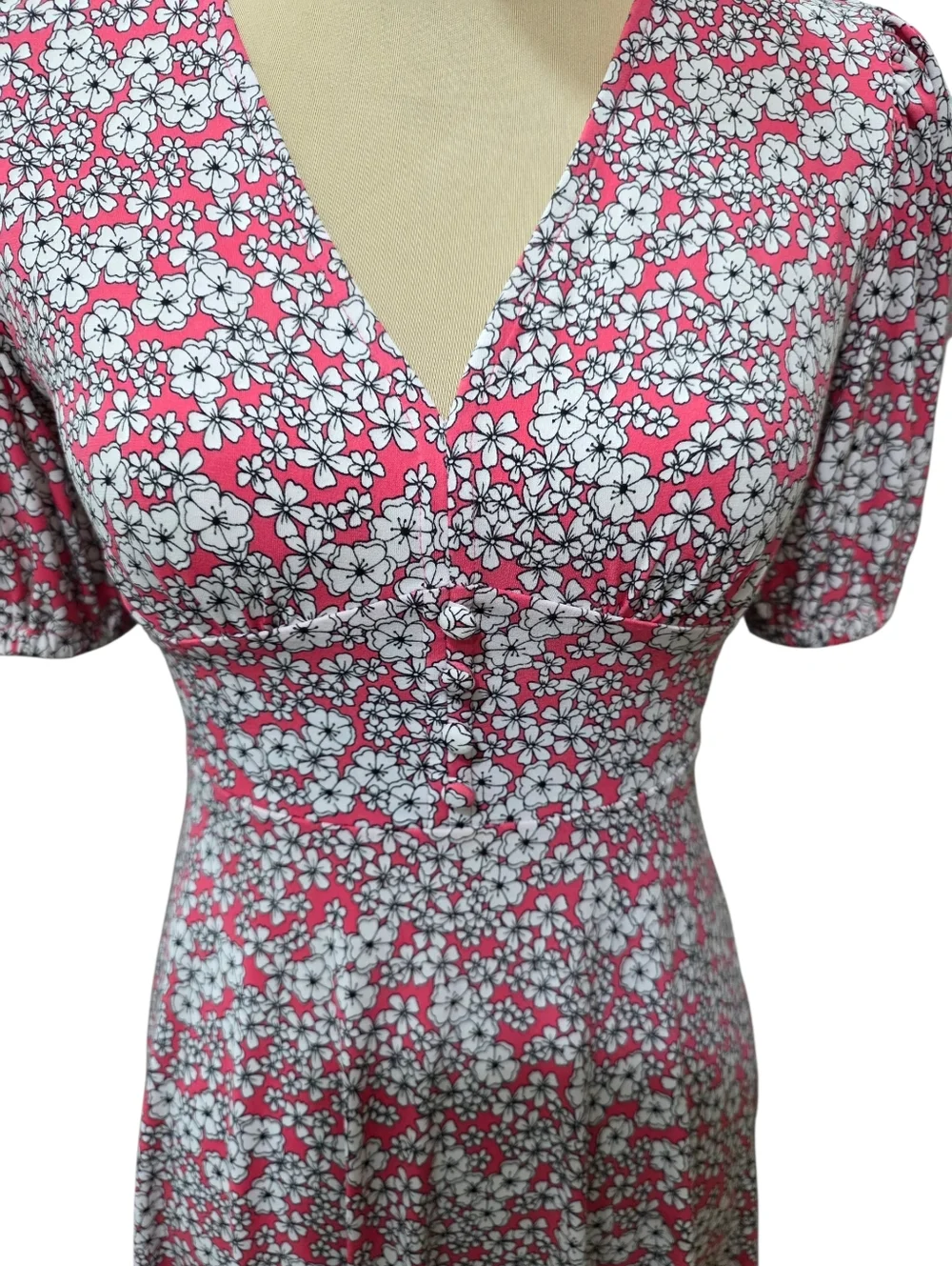 Michael Kors Floral Dress Pink White V Neck Puff Sleeve Fit Flare XXS - Picture 2 of 6